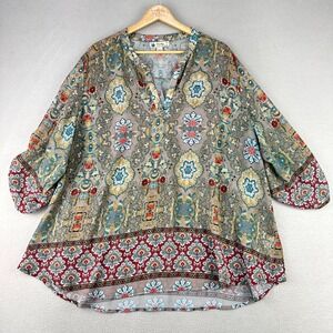Unity‎ World Wear Blouse Women 3X Multicolor Boho V-Neck 3/4 Sleeve Semi Sheer